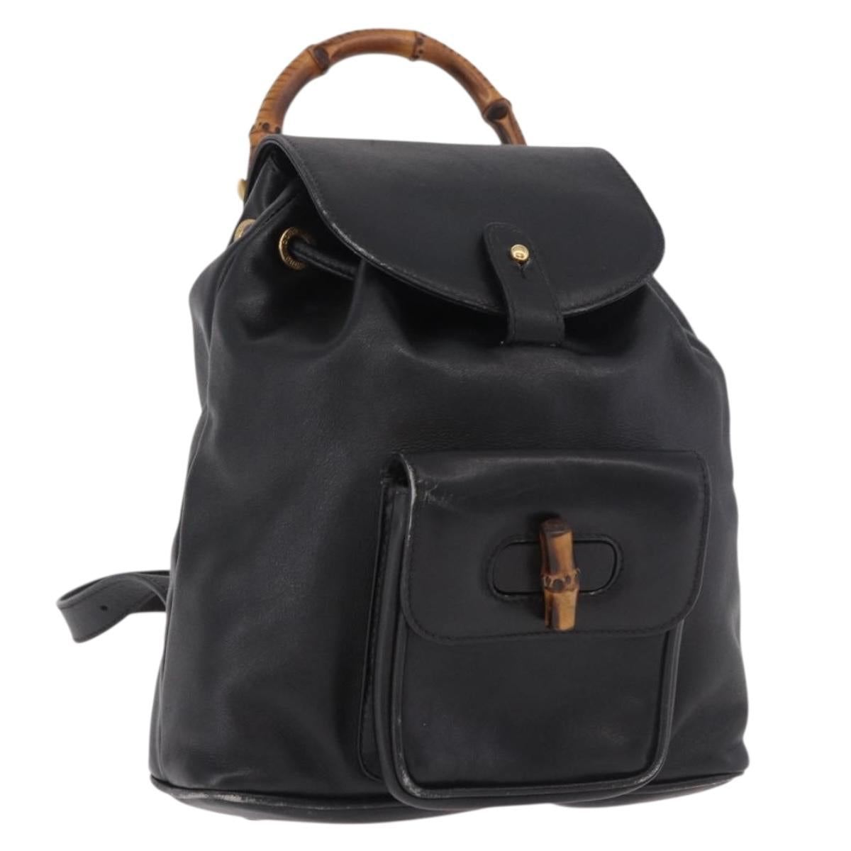 GUCCI Bamboo Backpack Leather Black Gold 003 2034 0030 Auth ka4944