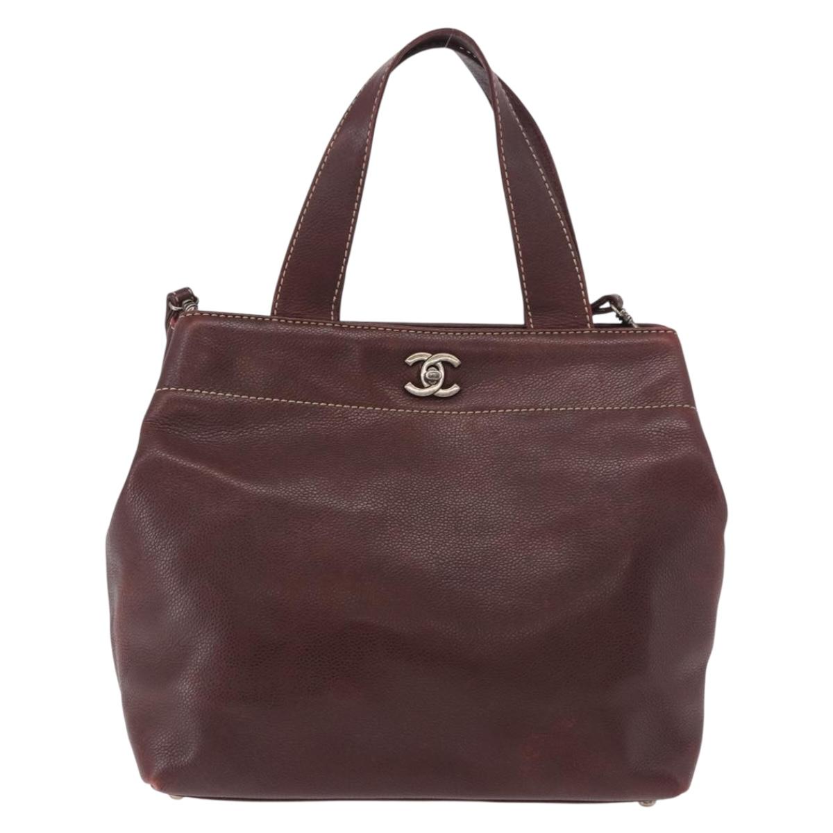 CHANEL Hand Bag Caviar Skin 2way Brown Silver CC Auth ka4946V