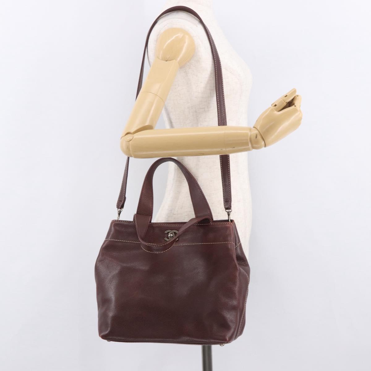 CHANEL Hand Bag Caviar Skin 2way Brown Silver CC Auth ka4946V