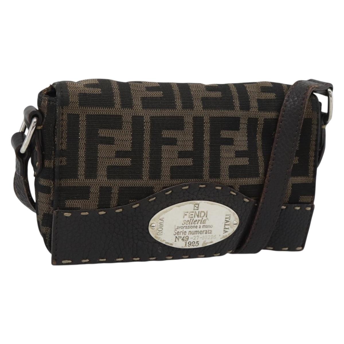 FENDI Zucca Canvas Shoulder Bag Black Brown Silver Auth ka4951A