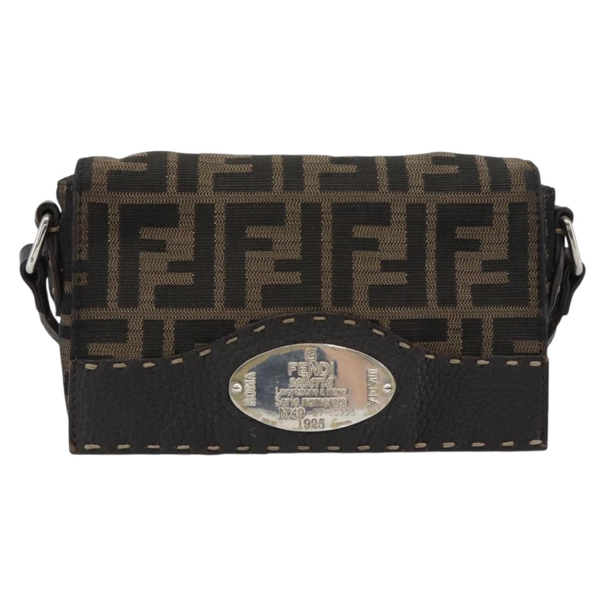 FENDI Zucca Canvas Shoulder Bag Black Brown Silver Auth ka4951A