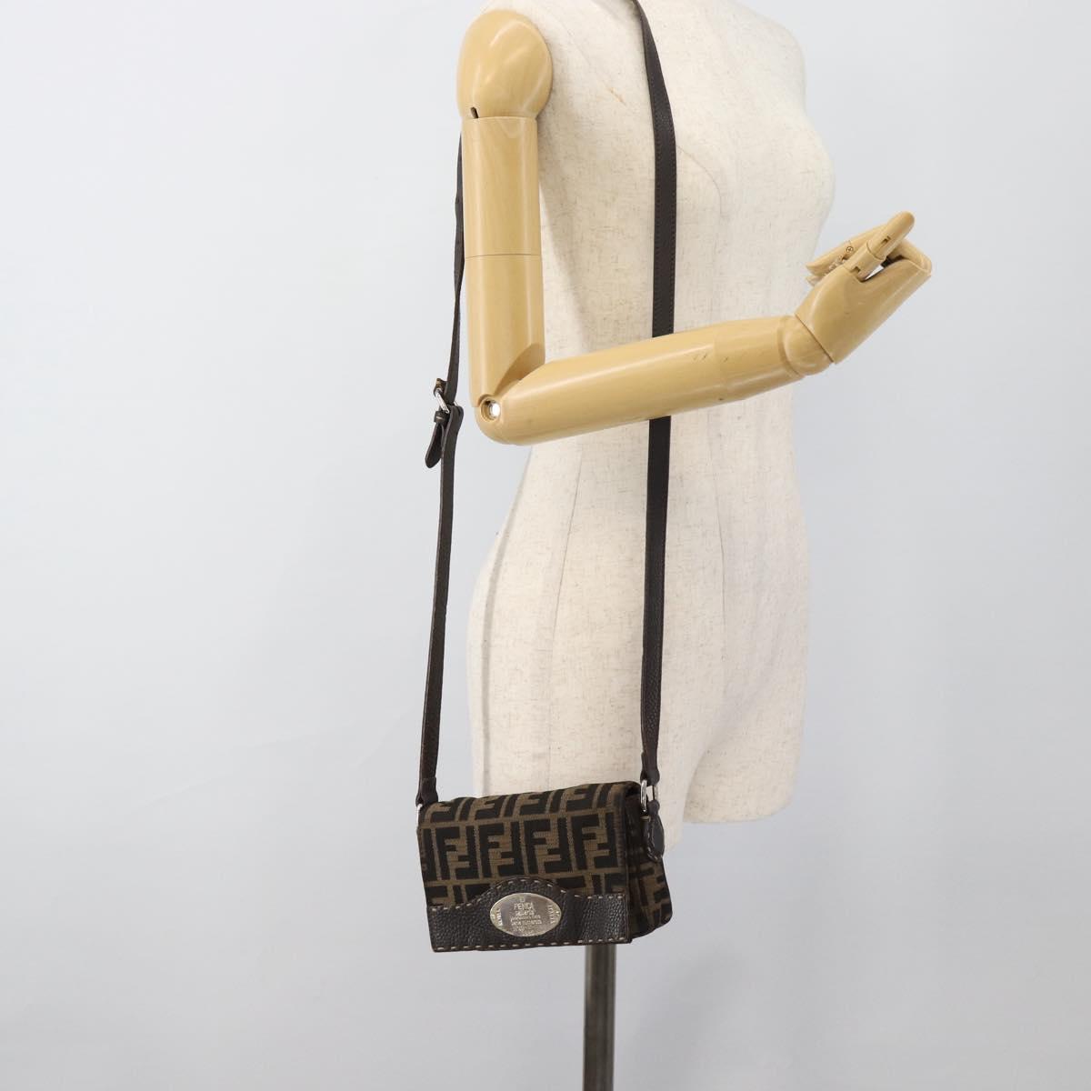 FENDI Zucca Canvas Shoulder Bag Black Brown Silver Auth ka4951A
