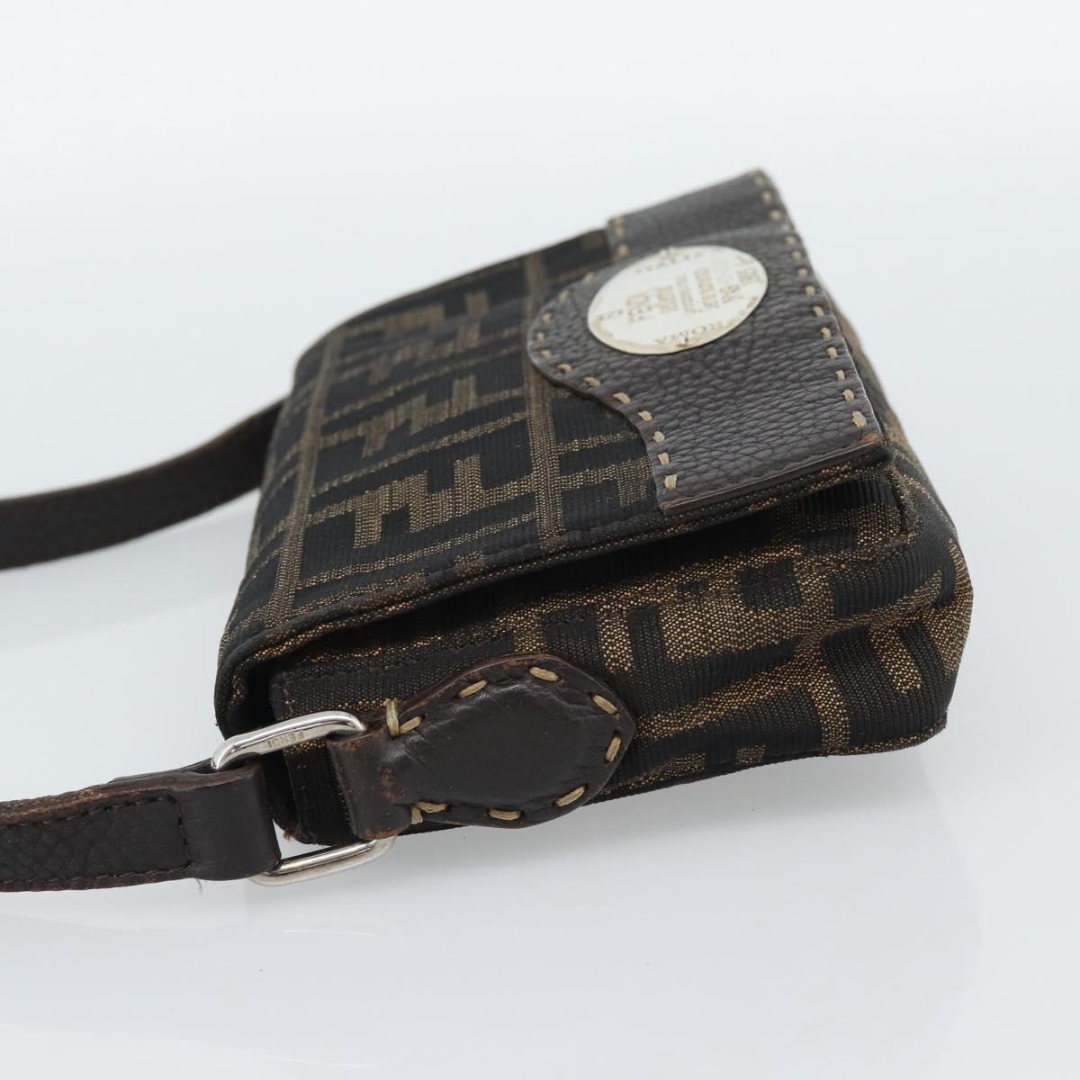 FENDI Zucca Canvas Shoulder Bag Black Brown Silver Auth ka4951A