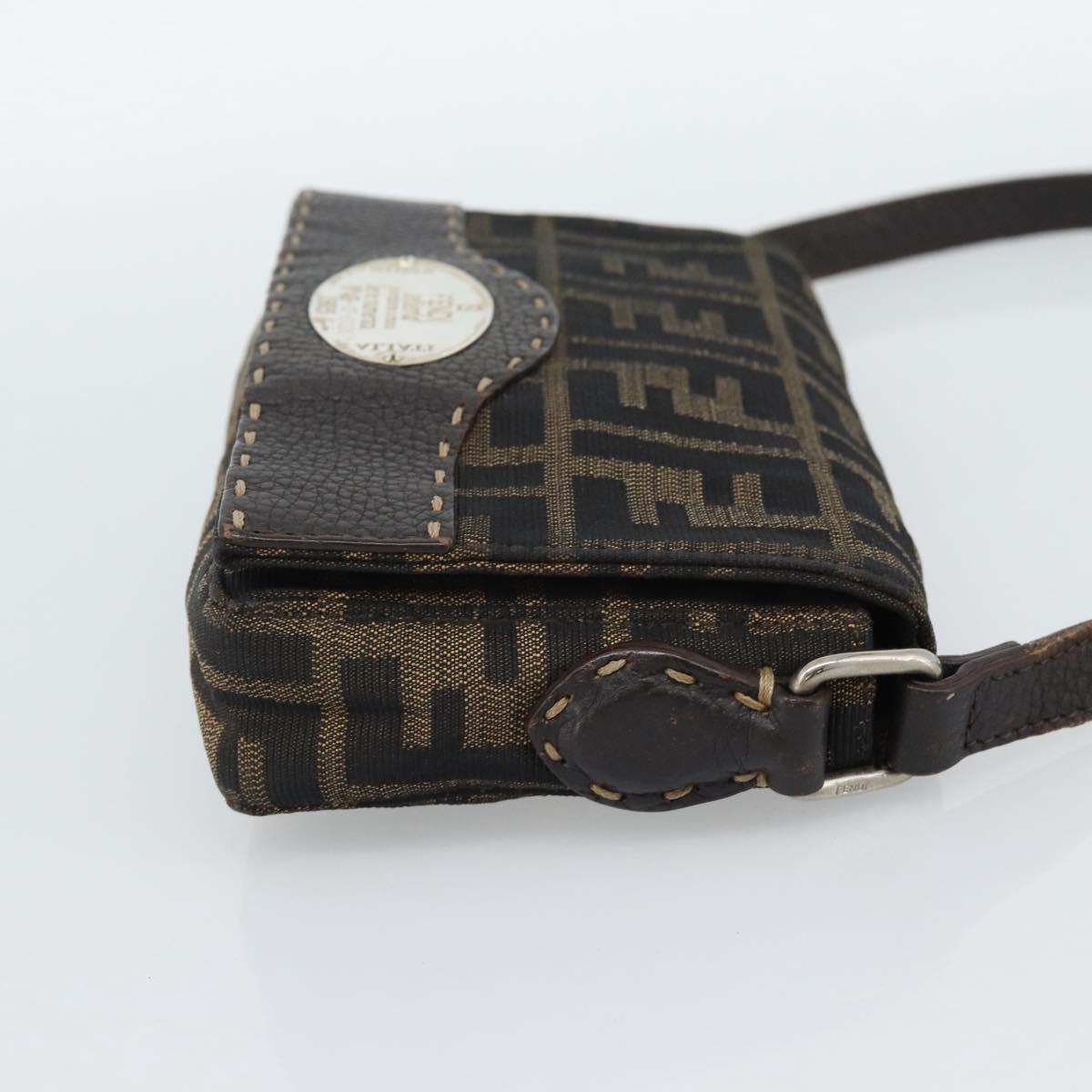 FENDI Zucca Canvas Shoulder Bag Black Brown Silver Auth ka4951A