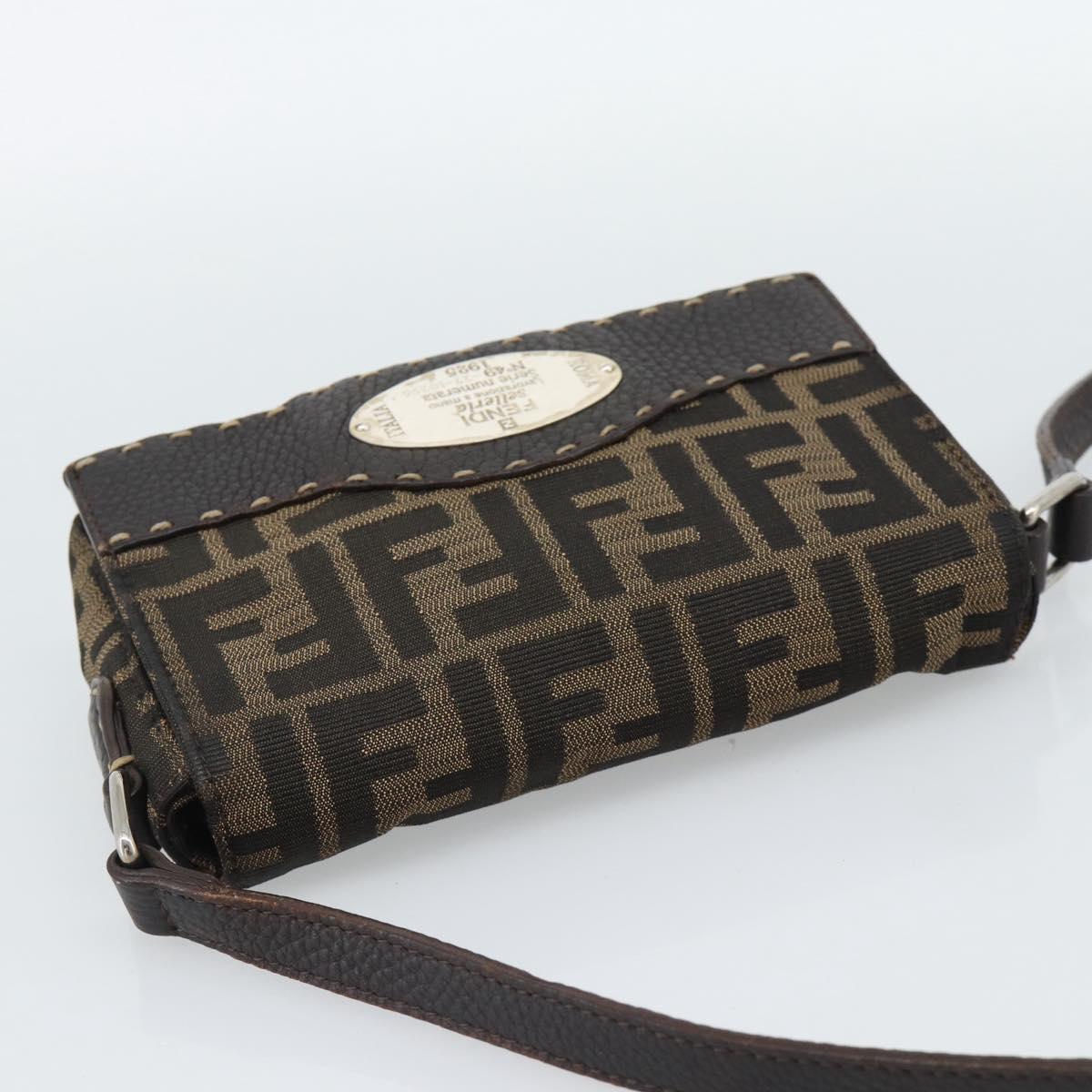 FENDI Zucca Canvas Shoulder Bag Black Brown Silver Auth ka4951A