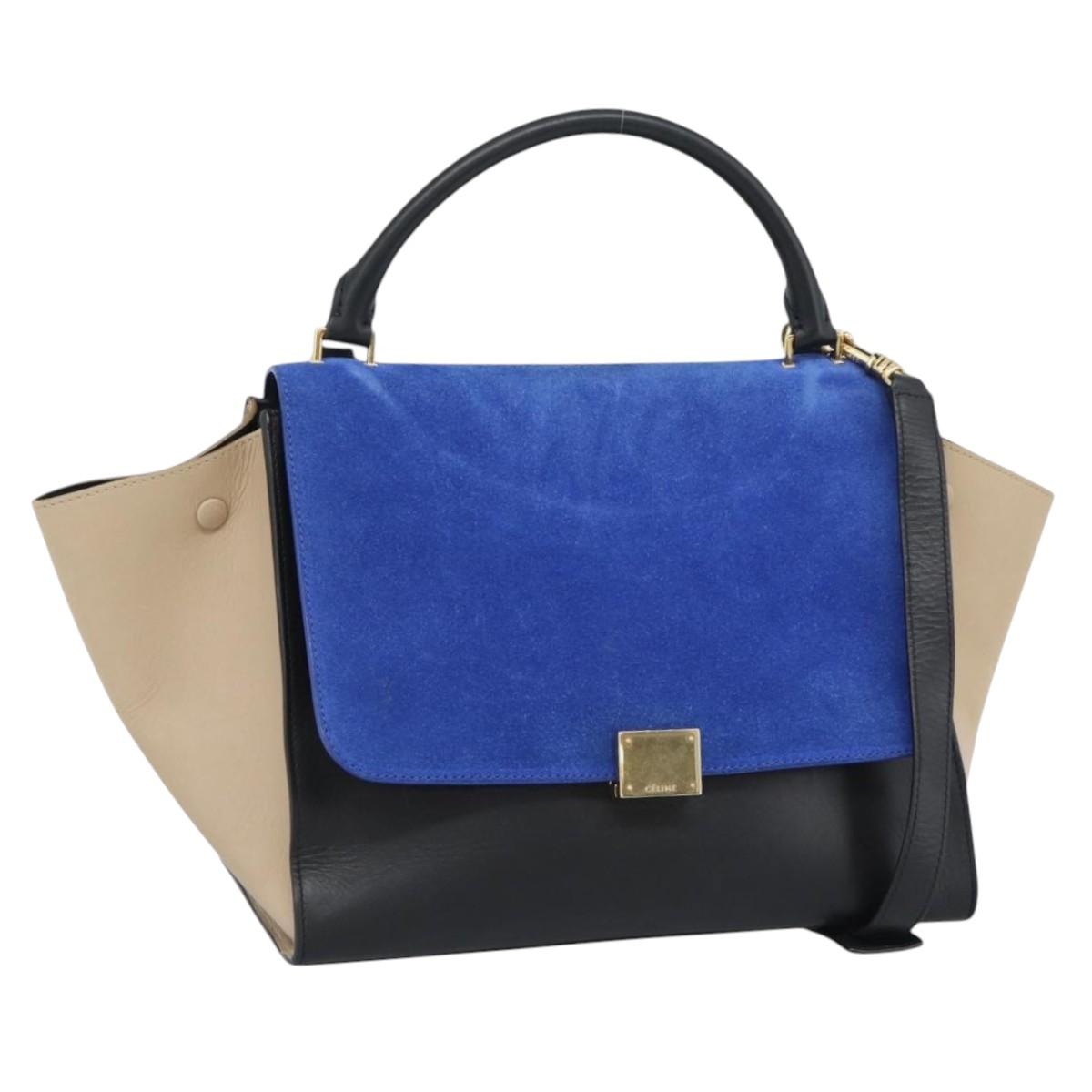 CELINE Trapeze Hand Bag Leather 2way Blue Gold Auth ka4960V