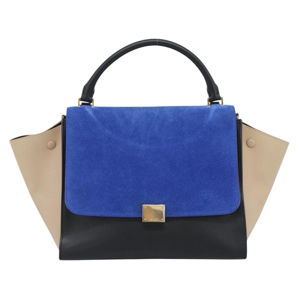 CELINE Trapeze Hand Bag Leather 2way Blue Gold Auth ka4960V