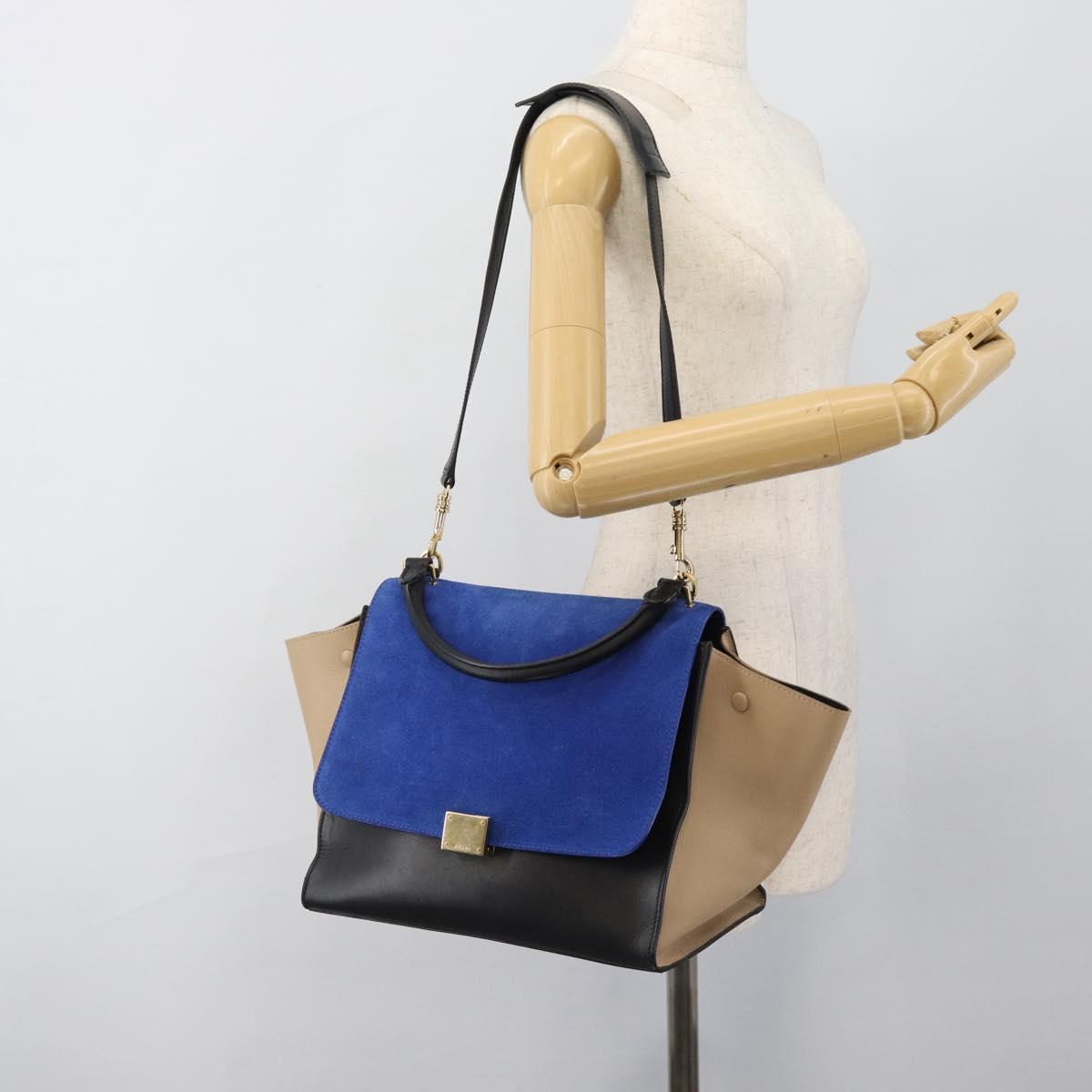 CELINE Trapeze Hand Bag Leather 2way Blue Gold Auth ka4960V