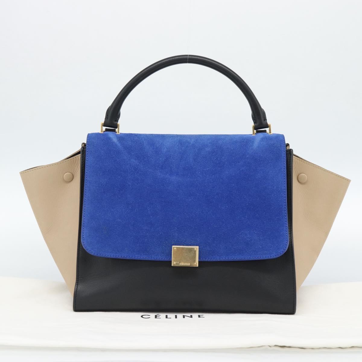 CELINE Trapeze Hand Bag Leather 2way Blue Gold Auth ka4960V