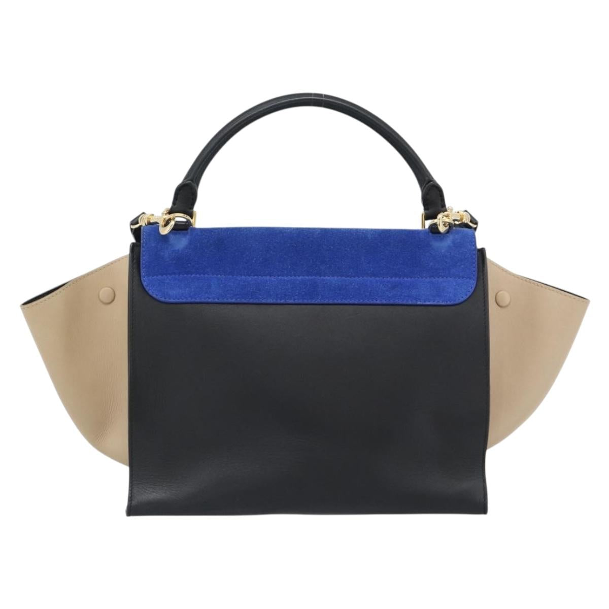 CELINE Trapeze Hand Bag Leather 2way Blue Gold Auth ka4960V