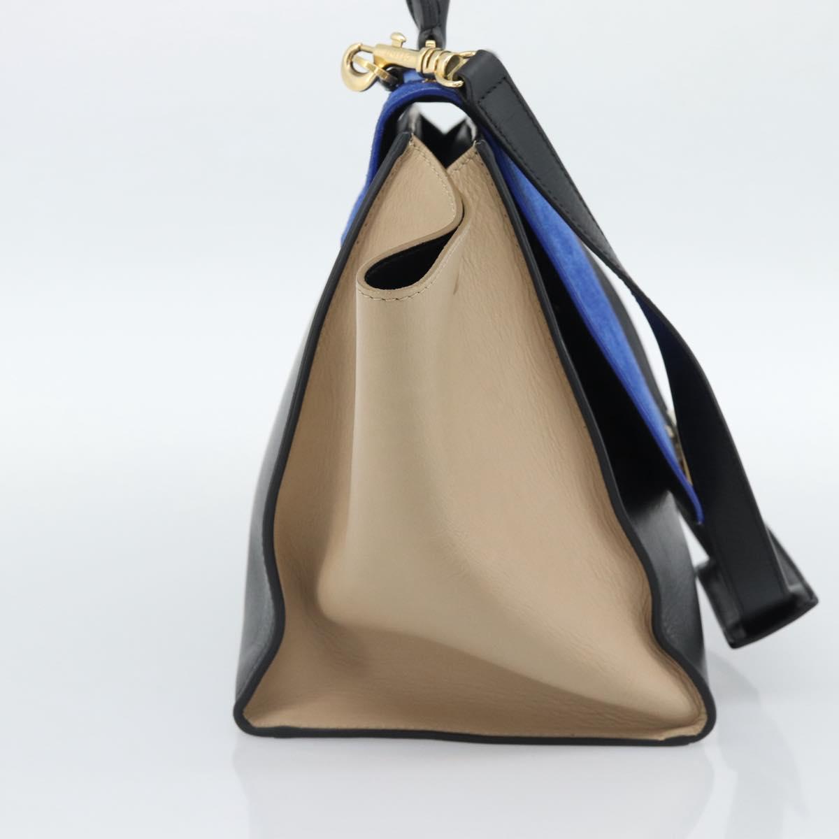 CELINE Trapeze Hand Bag Leather 2way Blue Gold Auth ka4960V