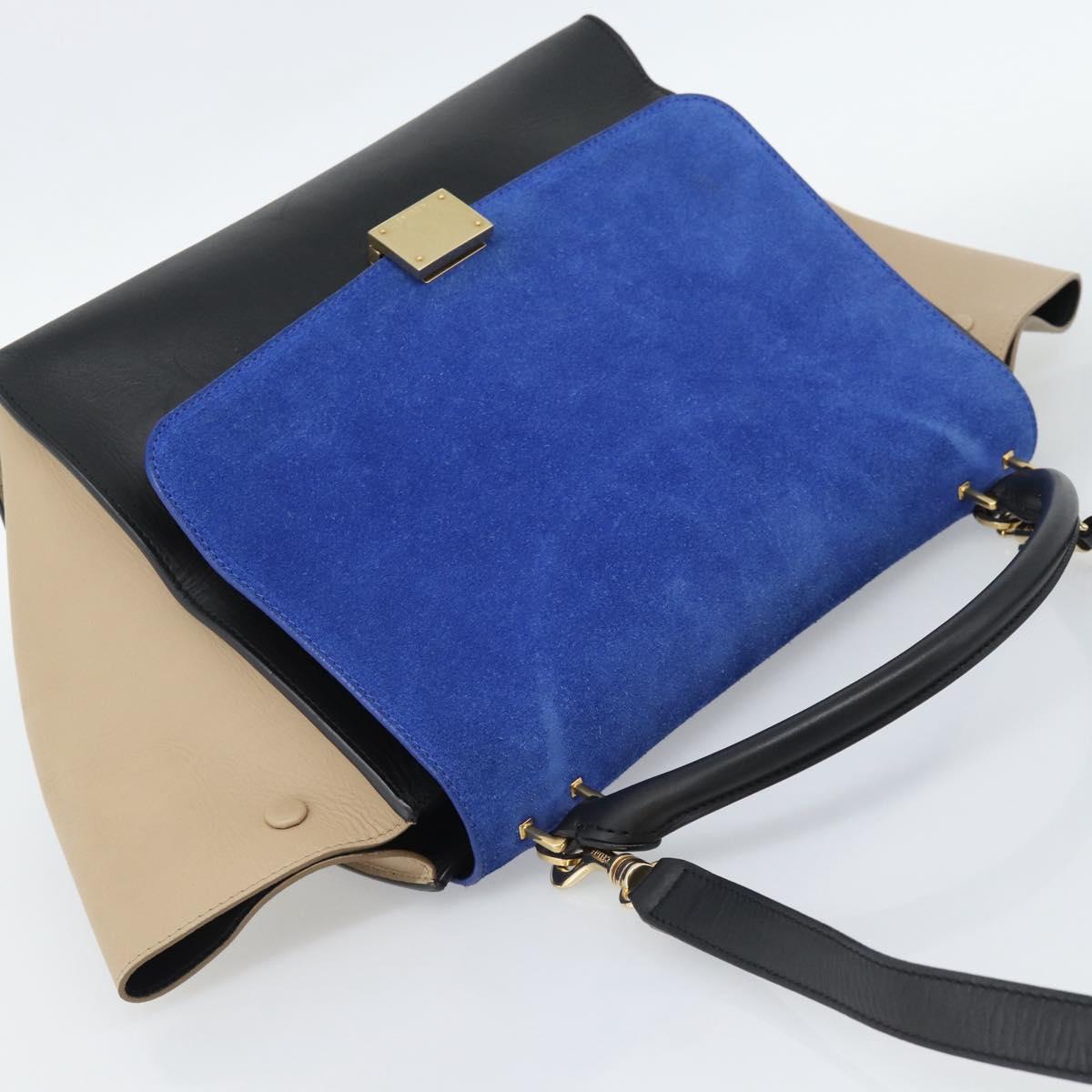 CELINE Trapeze Hand Bag Leather 2way Blue Gold Auth ka4960V
