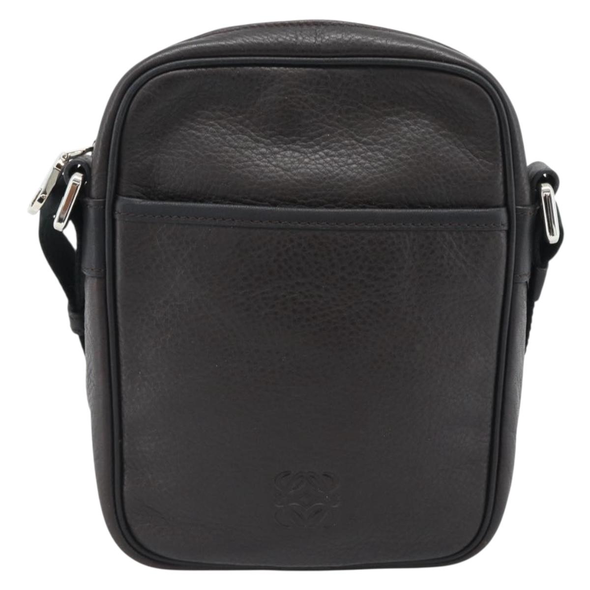 LOEWE Anagram Shoulder Bag Leather Brown Silver Auth ka4964A