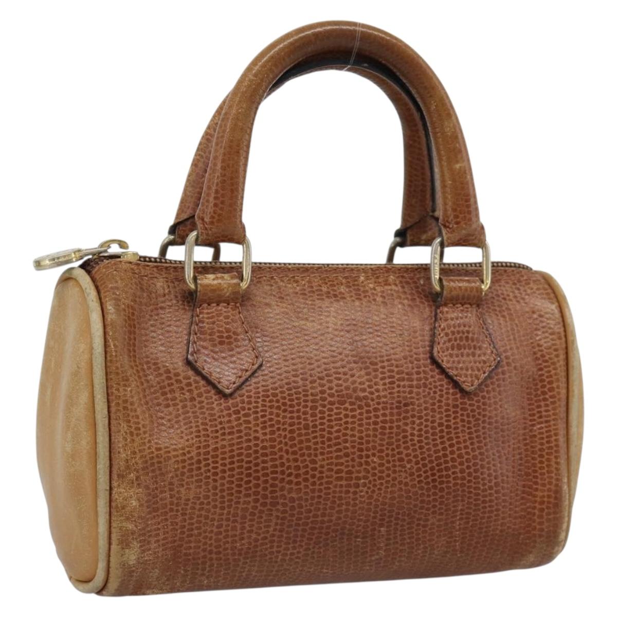 FENDI Hand Bag Leather Brown Gold Auth ka4965