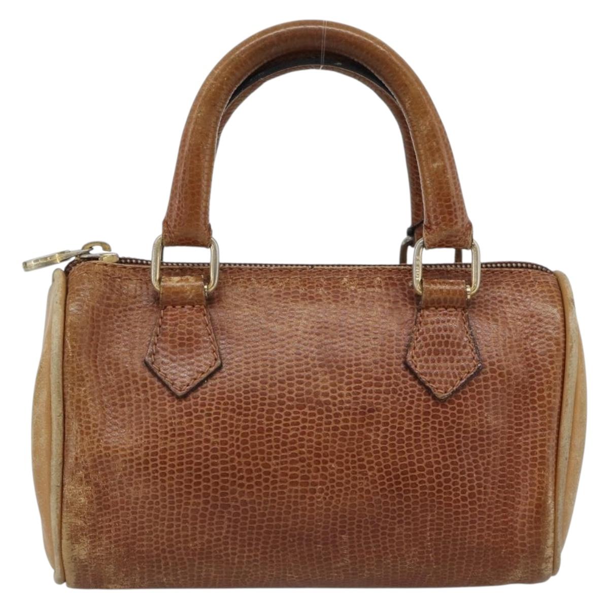 FENDI Hand Bag Leather Brown Gold Auth ka4965