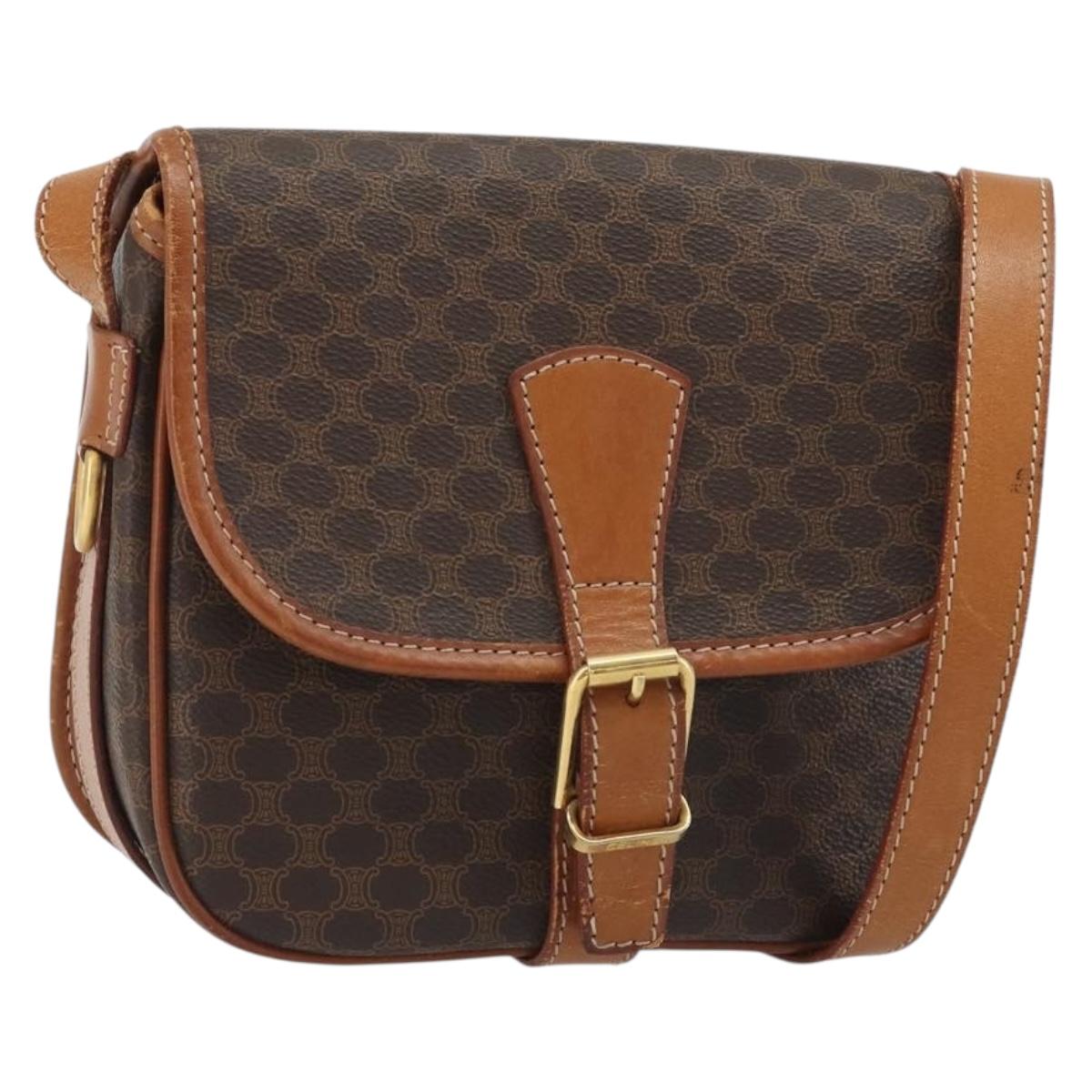 CELINE Macadam Canvas Shoulder Bag PVC Leather Brown Gold Auth ka4976