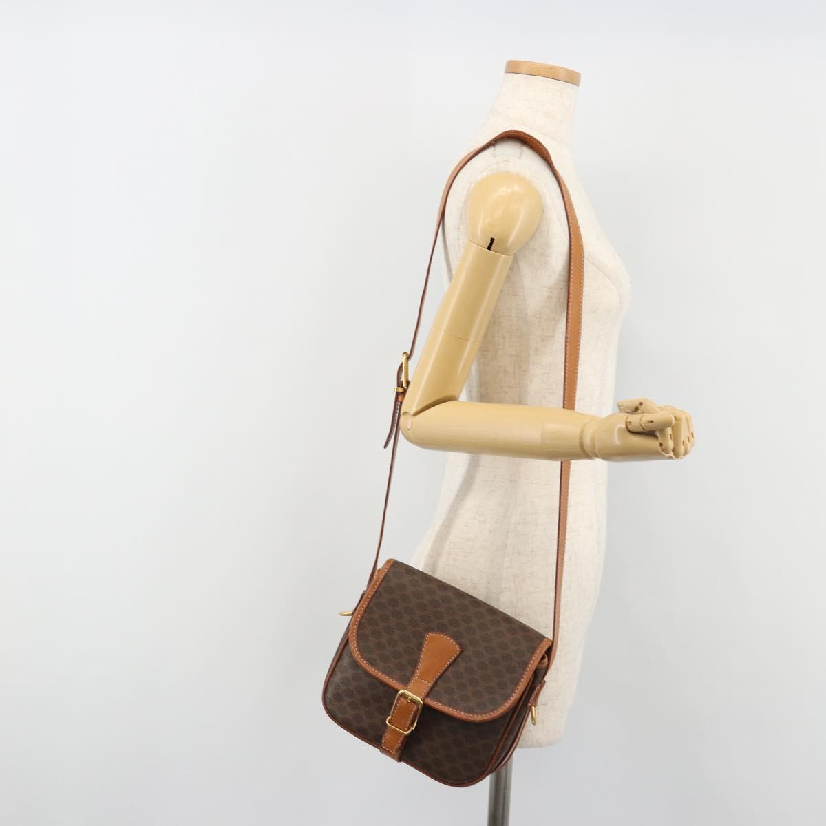 CELINE Macadam Canvas Shoulder Bag PVC Leather Brown Gold Auth ka4976