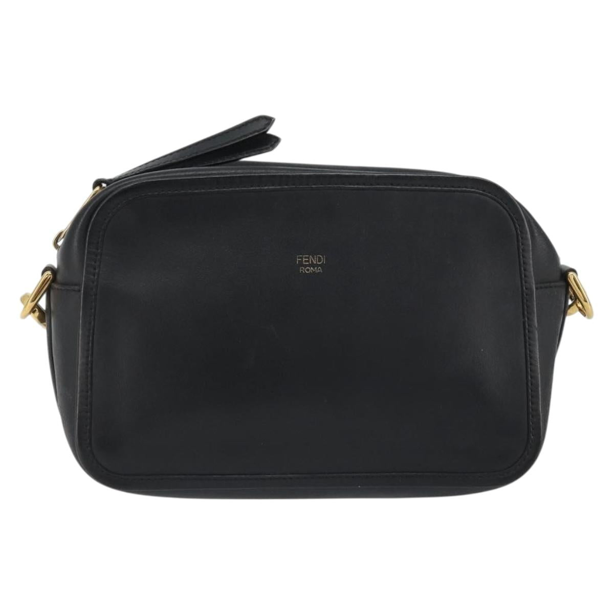 FENDI Shoulder Bag Leather Navy Gold Auth ka4981