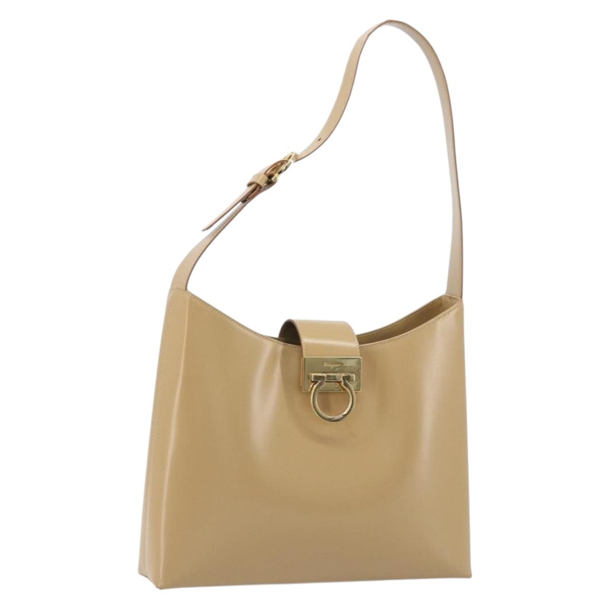 Salvatore Ferragamo Gancini Shoulder Bag Leather Beige Gold Auth ka4982
