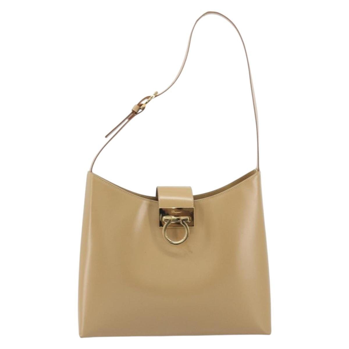 Salvatore Ferragamo Gancini Shoulder Bag Leather Beige Gold Auth ka4982