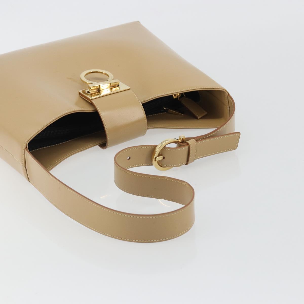 Salvatore Ferragamo Gancini Shoulder Bag Leather Beige Gold Auth ka4982