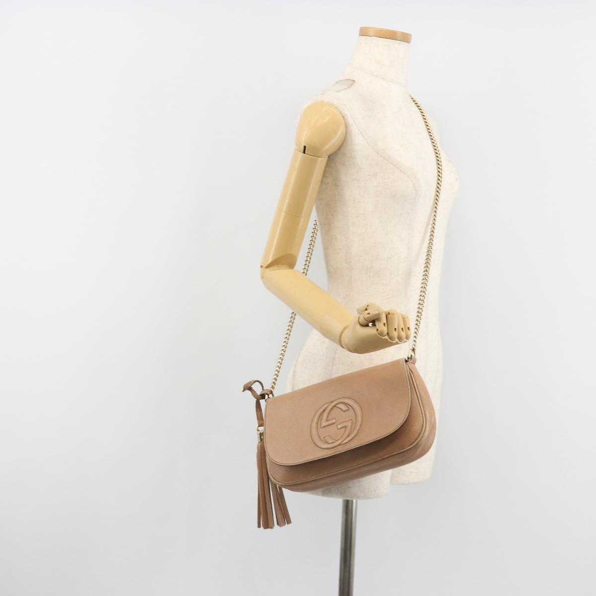GUCCI Chain Shoulder Bag Leather Beige Gold 536224 Auth ka4986