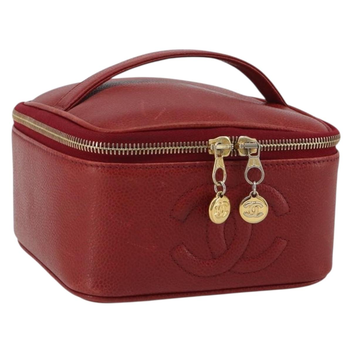 CHANEL COCO Mark Vanity Hand Bag Caviar Skin Red Gold CC Auth ka4988