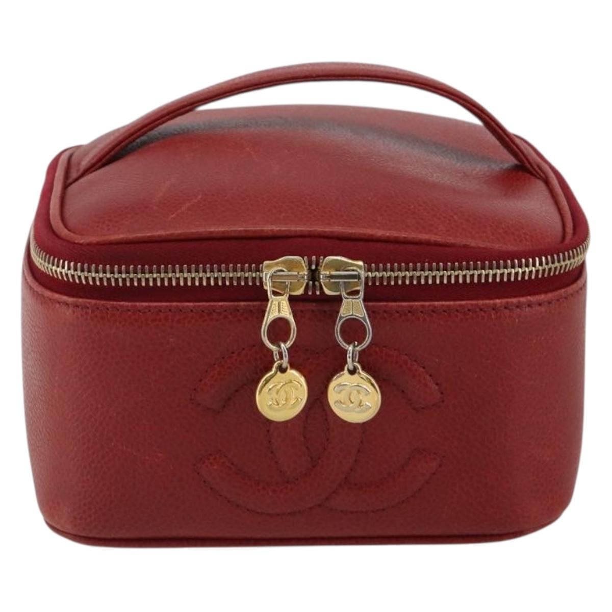 CHANEL COCO Mark Vanity Hand Bag Caviar Skin Red Gold CC Auth ka4988