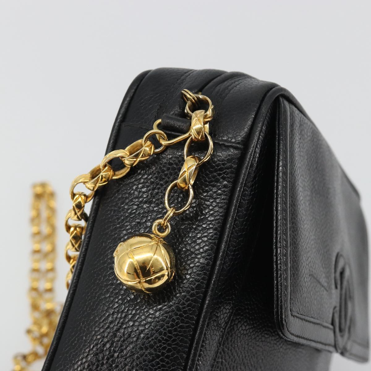 CHANEL Chain Shoulder Bag Caviar Skin Black Gold CC Auth ka4989V