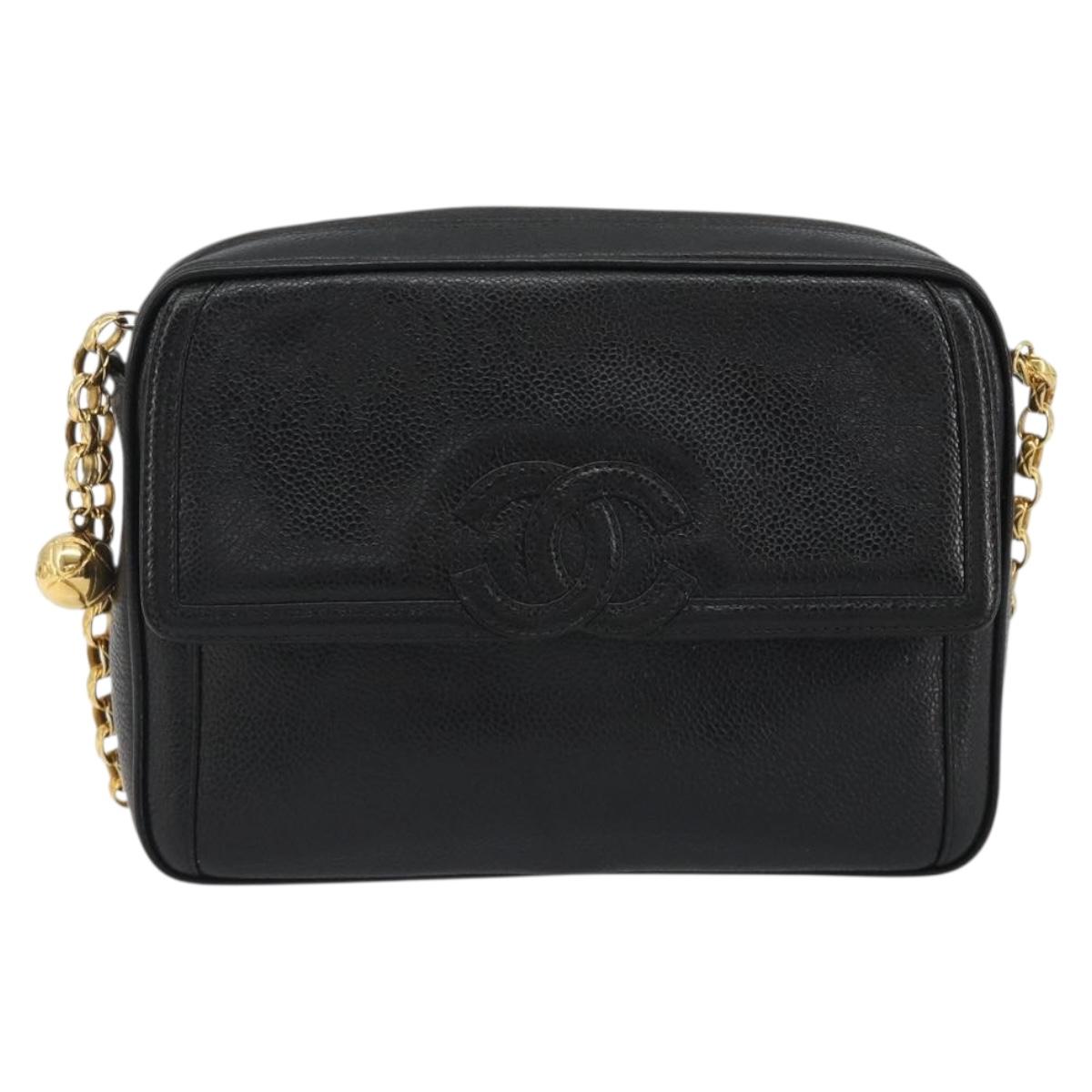 CHANEL Chain Shoulder Bag Caviar Skin Black Gold CC Auth ka4989V