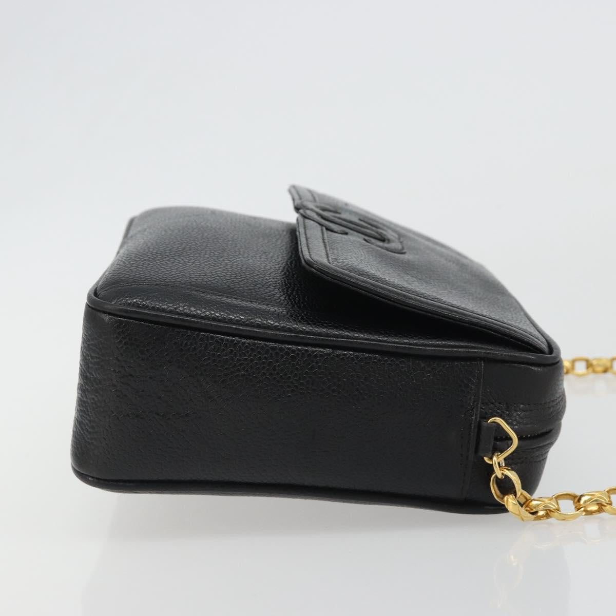 CHANEL Chain Shoulder Bag Caviar Skin Black Gold CC Auth ka4989V