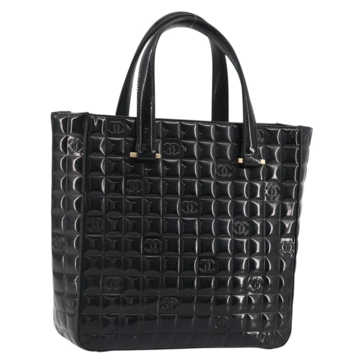 CHANEL Choco Bar Hand Bag Patent leather Black Gold CC Auth ka4990