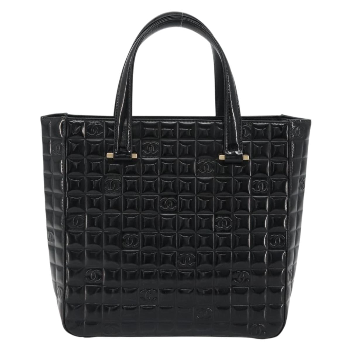 CHANEL Choco Bar Hand Bag Patent leather Black Gold CC Auth ka4990