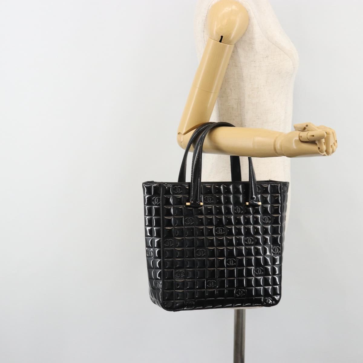 CHANEL Choco Bar Hand Bag Patent leather Black Gold CC Auth ka4990