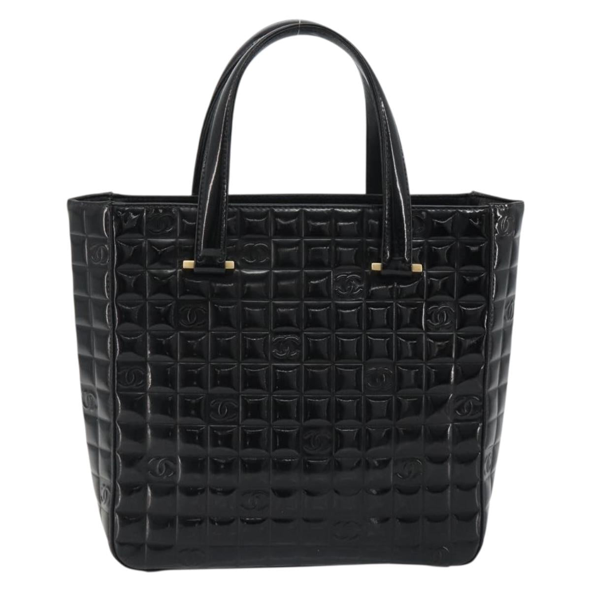 CHANEL Choco Bar Hand Bag Patent leather Black Gold CC Auth ka4990