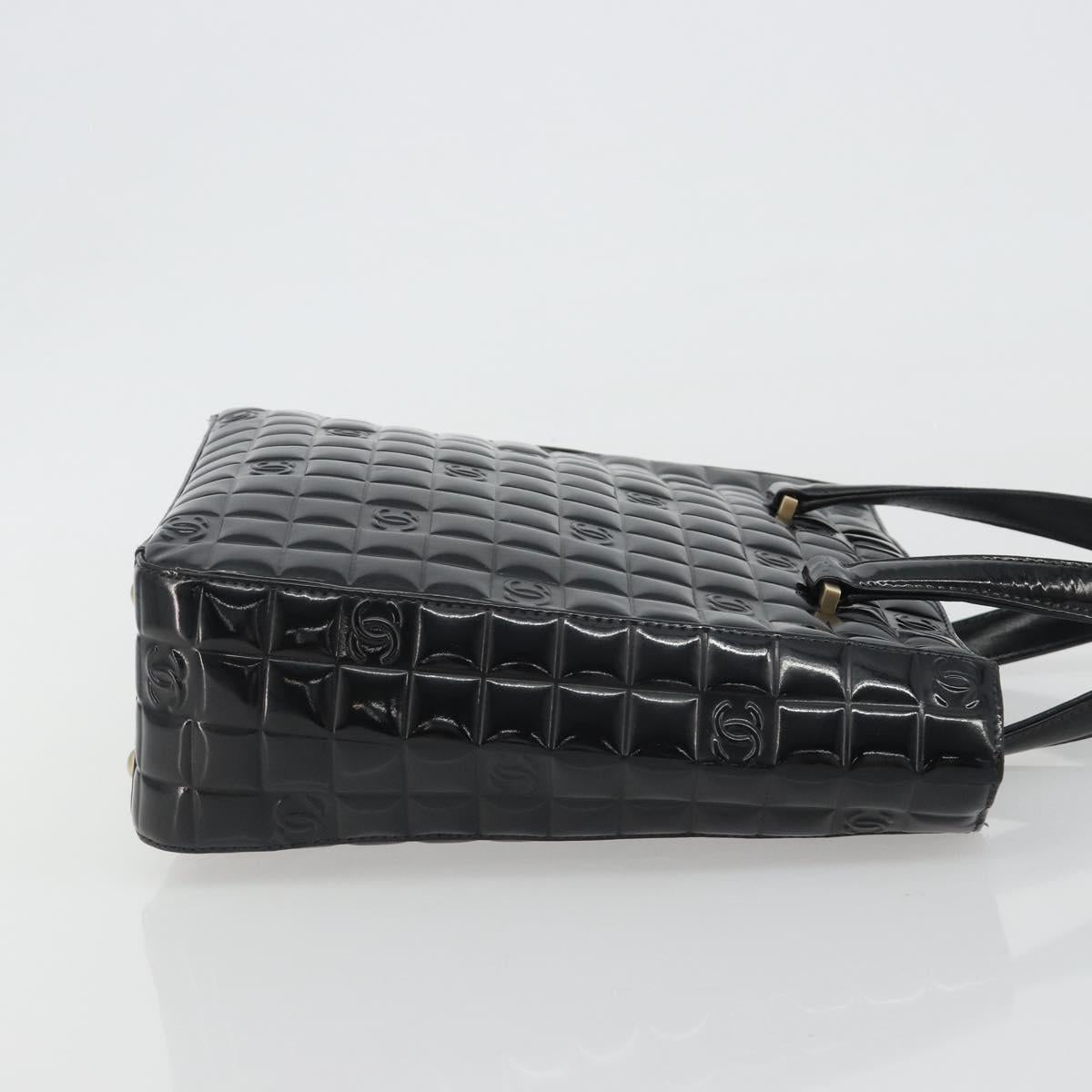 CHANEL Choco Bar Hand Bag Patent leather Black Gold CC Auth ka4990