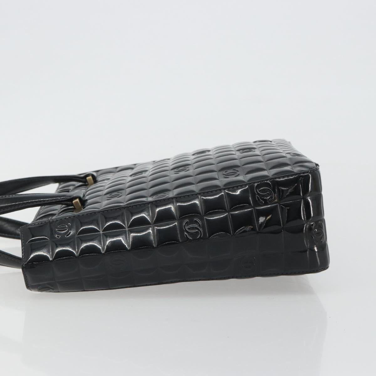 CHANEL Choco Bar Hand Bag Patent leather Black Gold CC Auth ka4990