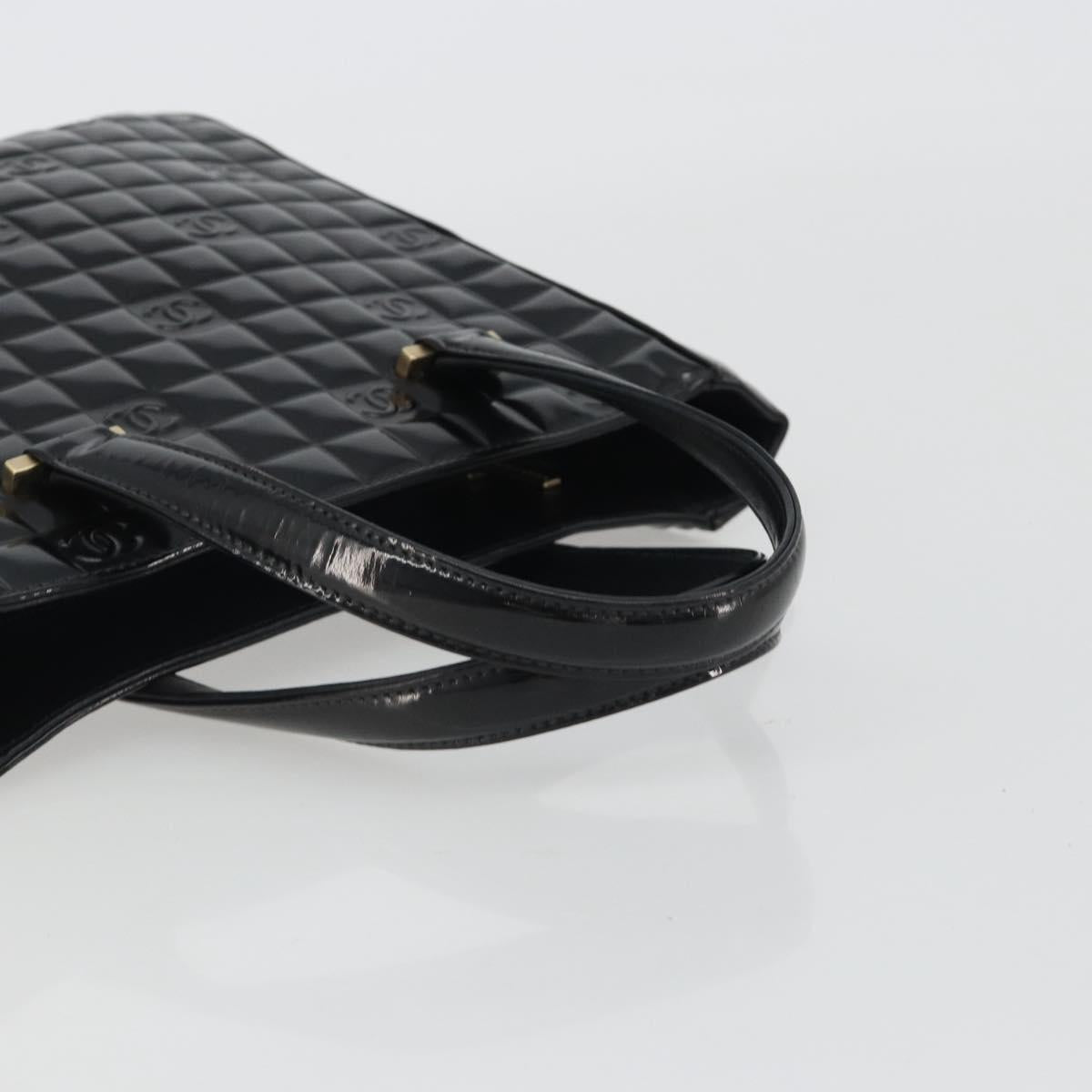 CHANEL Choco Bar Hand Bag Patent leather Black Gold CC Auth ka4990