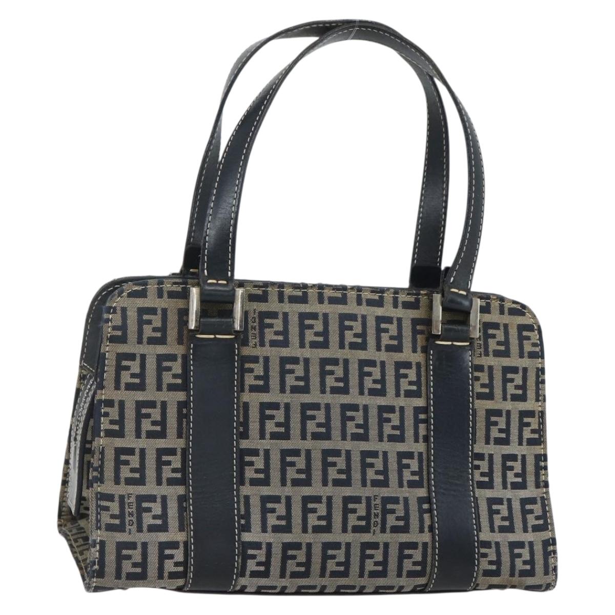 FENDI Zucchino Canvas Hand Bag Navy Silver Auth ka500