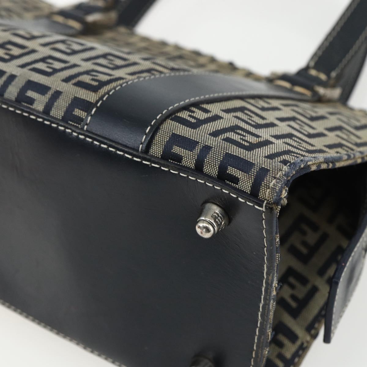 FENDI Zucchino Canvas Hand Bag Navy Silver Auth ka500