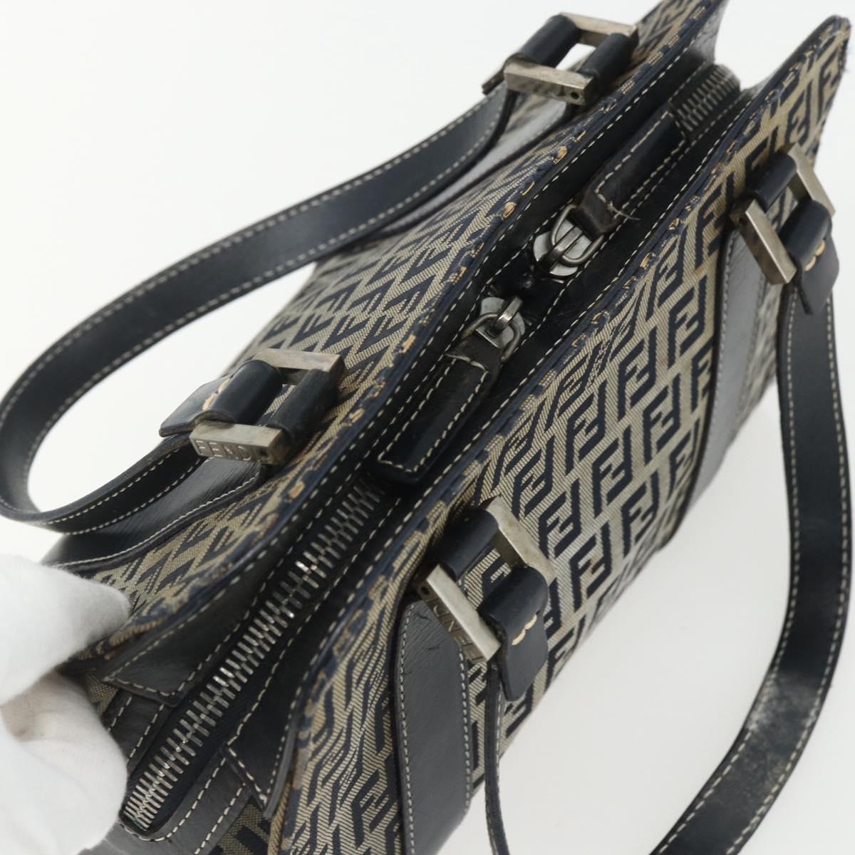 FENDI Zucchino Canvas Hand Bag Navy Silver Auth ka500