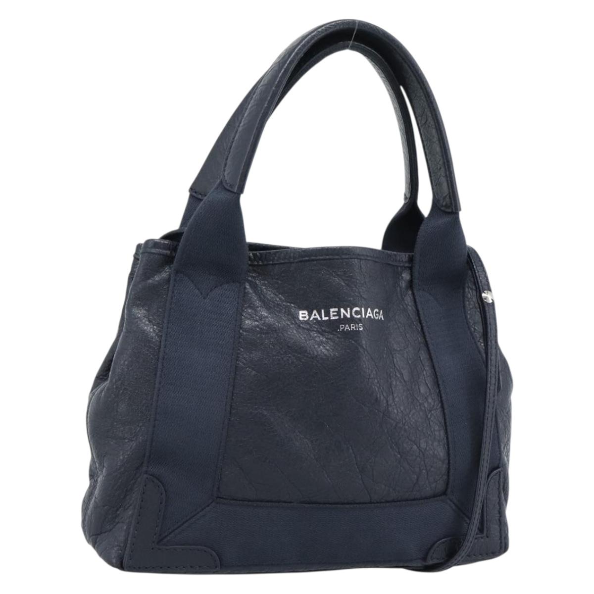 BALENCIAGA Navy Cabas XS Hand Bag Leather 2way Navy Silver 390346 Auth ka5016A