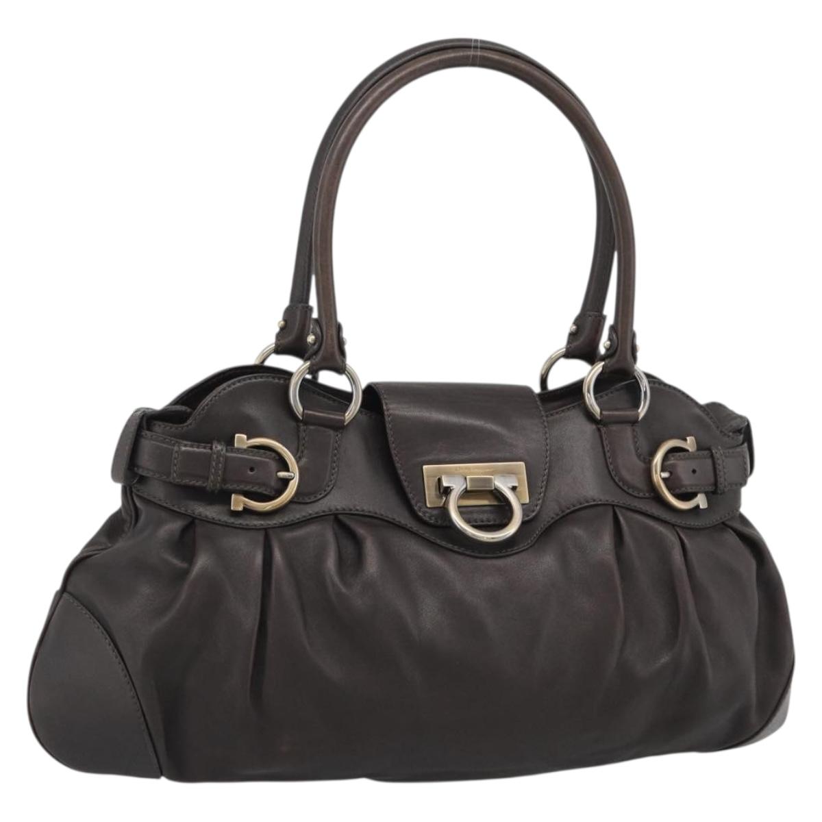 Salvatore Ferragamo Gancini Tote Bag Leather Dark Brown Gold Auth ka5022A