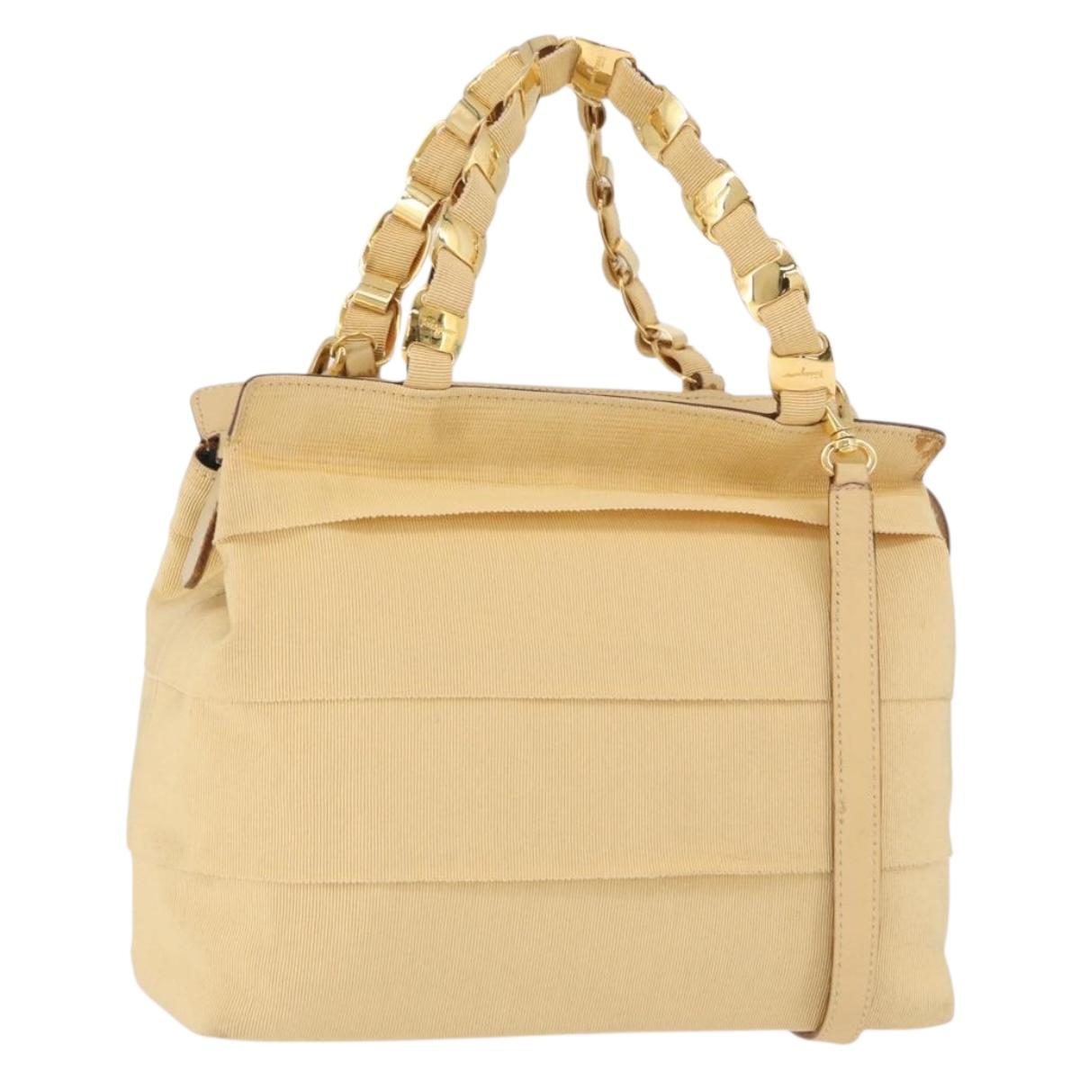Salvatore Ferragamo Chain Hand Bag Canvas 2way Yellow Gold Auth ka5026