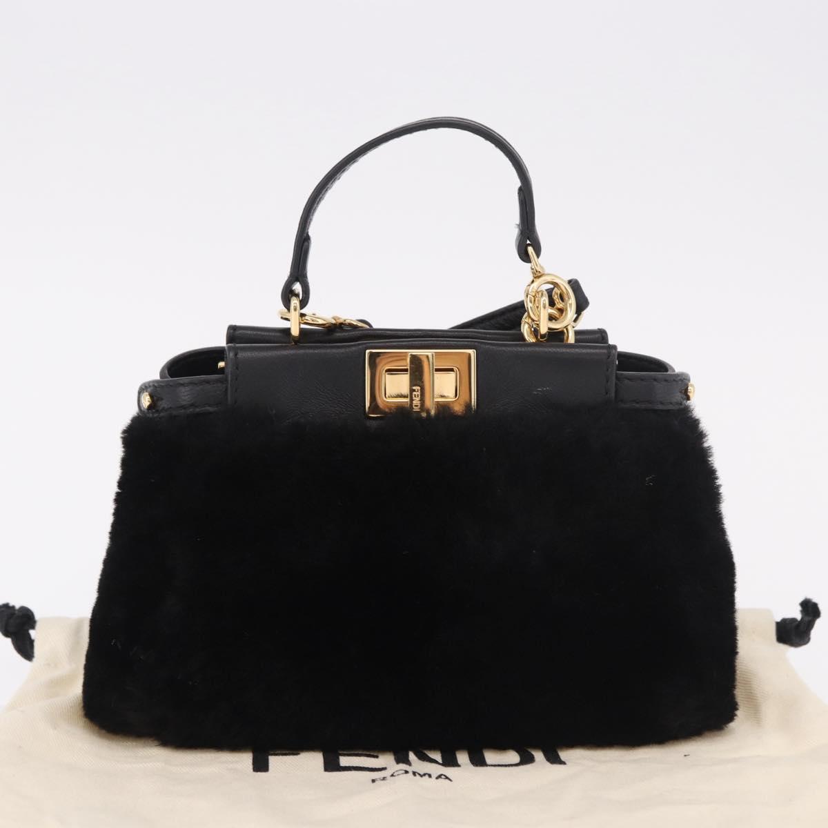 FENDI Micro Peek A Boo Hand Bag Shearing Black Gold Auth ka5035M