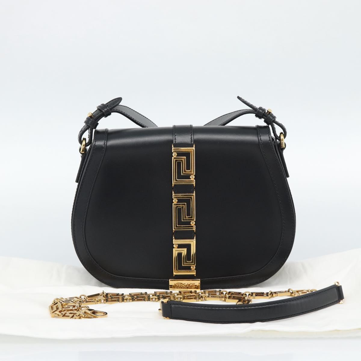 VERSACE Shoulder Bag Leather Black Gold Auth ka5043SAM