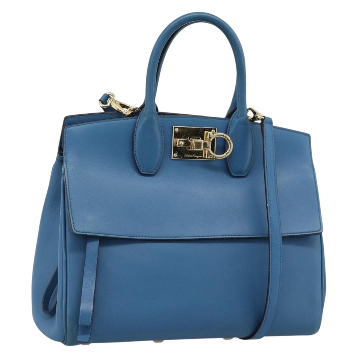 Salvatore Ferragamo Gancini Hand Bag Leather 2way Blue Gold Auth ka5047A