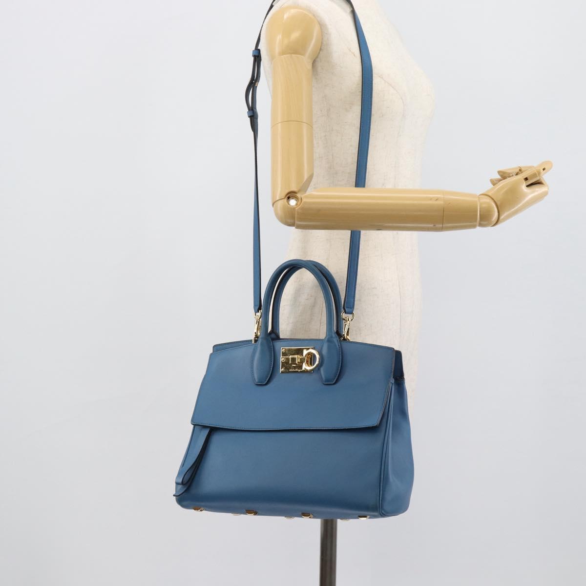 Salvatore Ferragamo Gancini Hand Bag Leather 2way Blue Gold Auth ka5047A