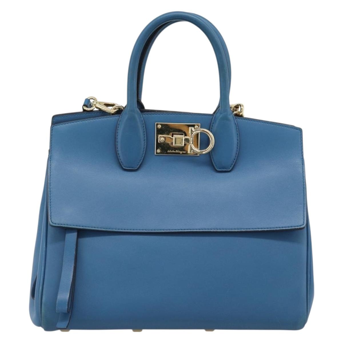 Salvatore Ferragamo Gancini Hand Bag Leather 2way Blue Gold Auth ka5047A