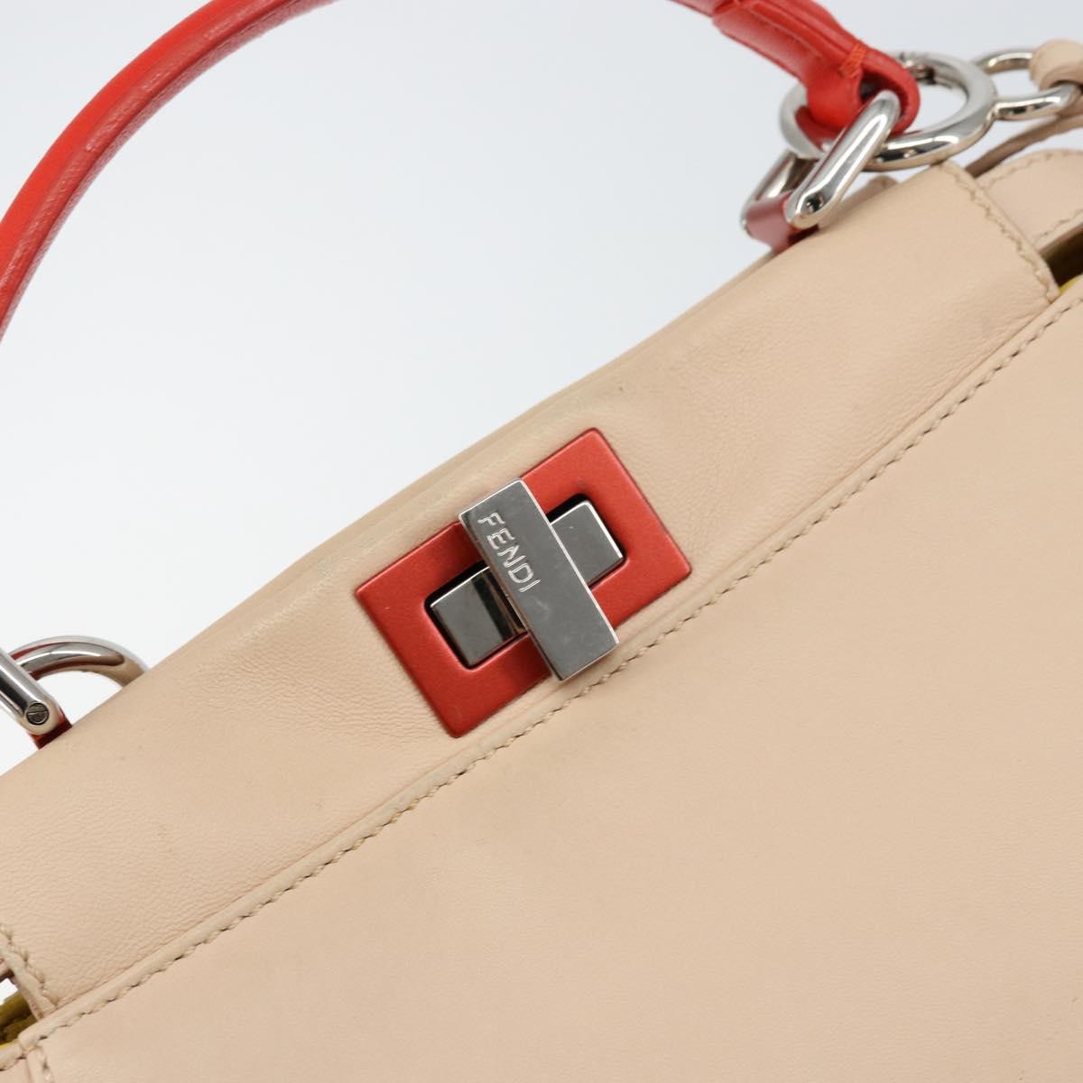 FENDI Mini Peek A Boo Hand Bag Leather 2way Beige Silver Auth ka505